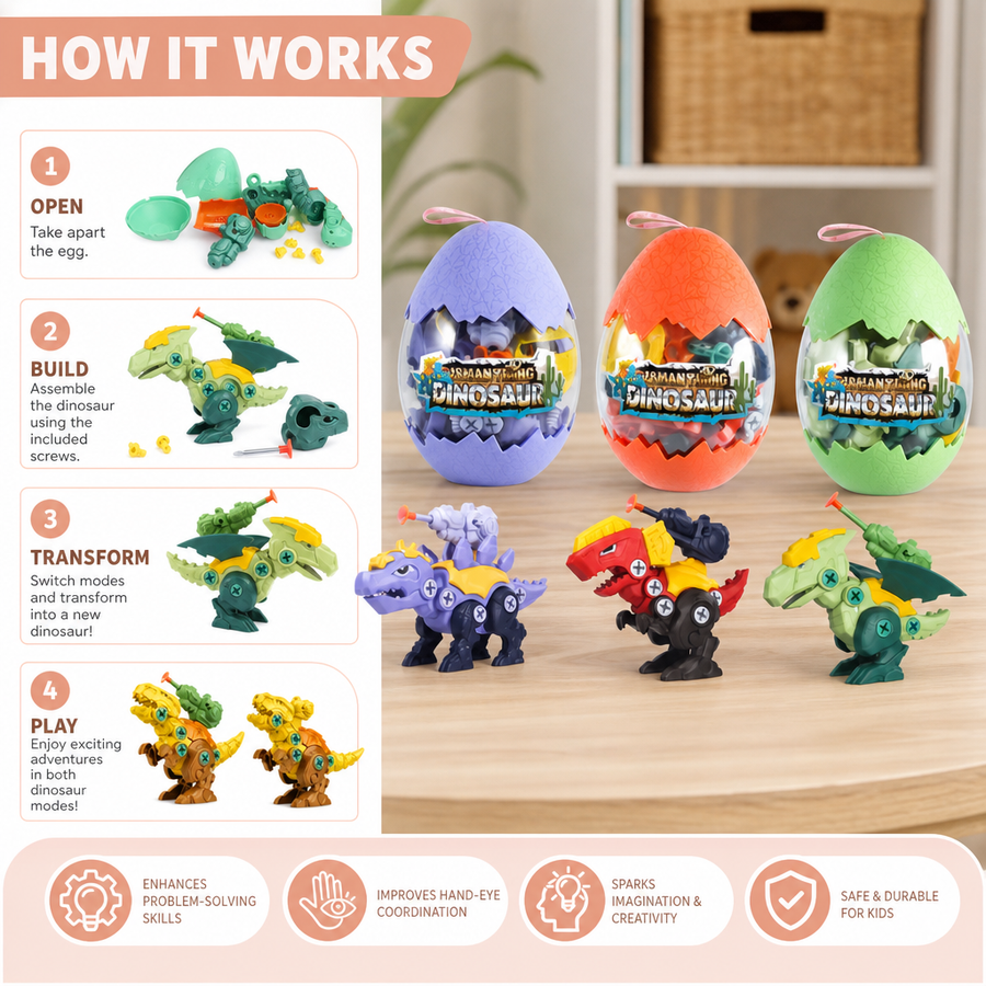 How the dinosaur egg toy opens, builds, transforms, and plays