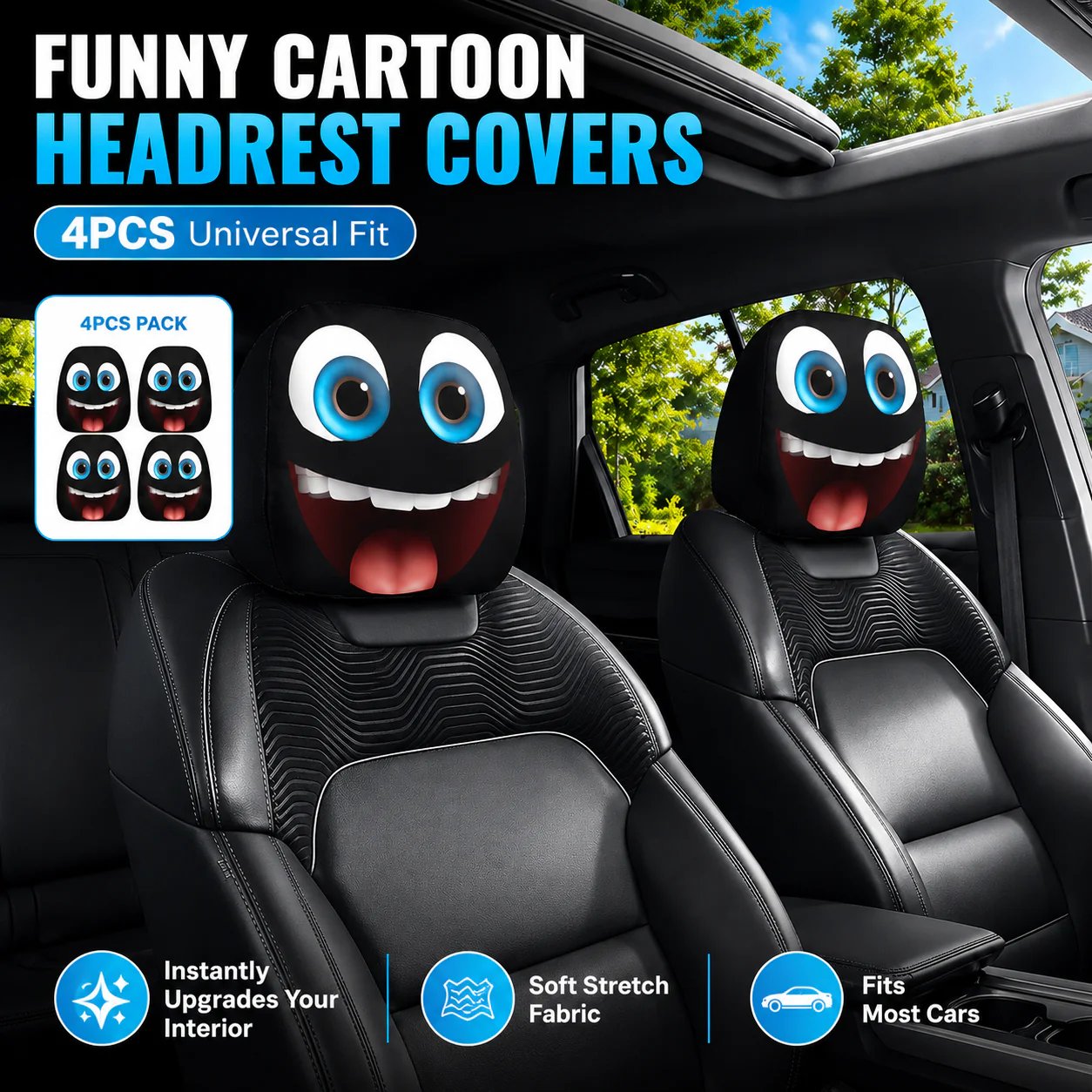 🔥LAST DAY SALE 49% OFF-😆Funny Cartoon Car Headrest Covers – 2PCS Universal Fit 🚗