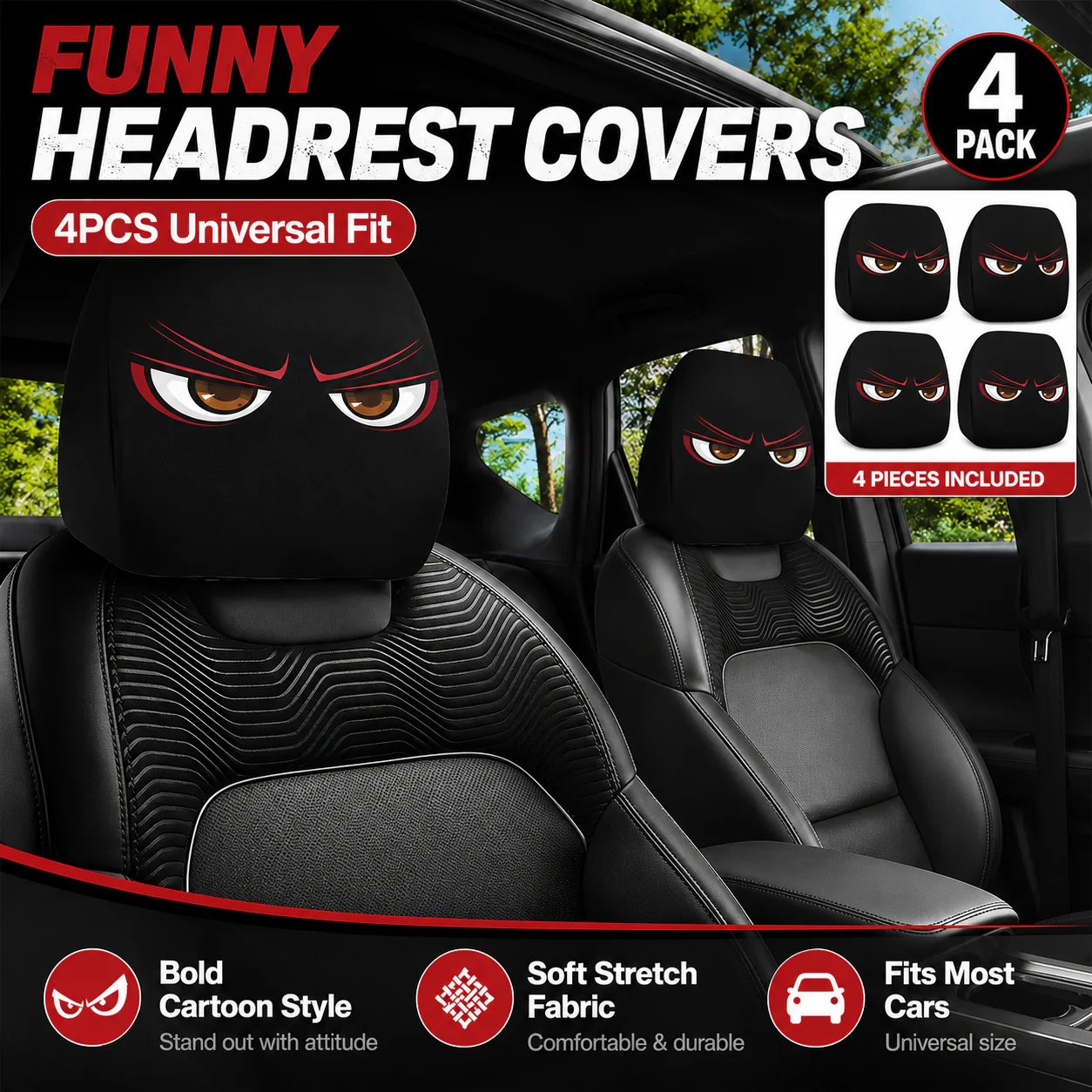 🔥LAST DAY SALE 49% OFF-😆Funny Cartoon Car Headrest Covers – 2PCS Universal Fit 🚗