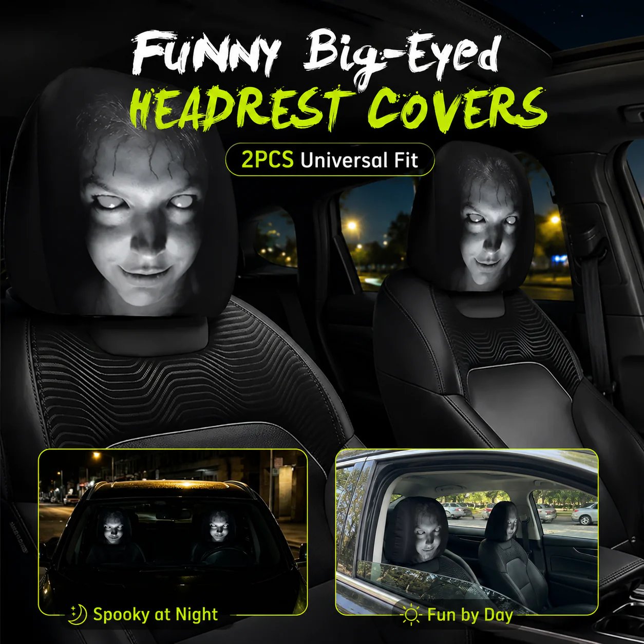 🔥LAST DAY SALE 49% OFF-😆Funny Cartoon Car Headrest Covers – 2PCS Universal Fit 🚗