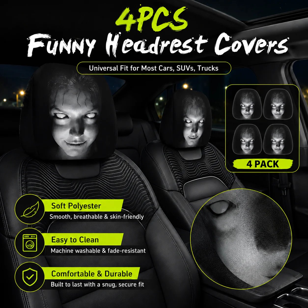 🔥LAST DAY SALE 49% OFF-😆Funny Cartoon Car Headrest Covers – 2PCS Universal Fit 🚗