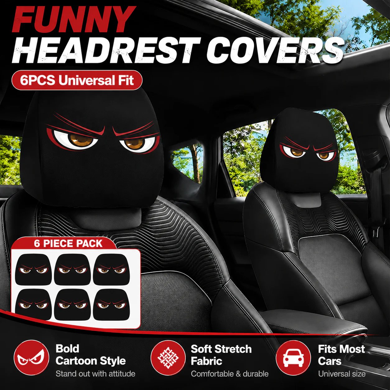 🔥LAST DAY SALE 49% OFF-😆Funny Cartoon Car Headrest Covers – 2PCS Universal Fit 🚗