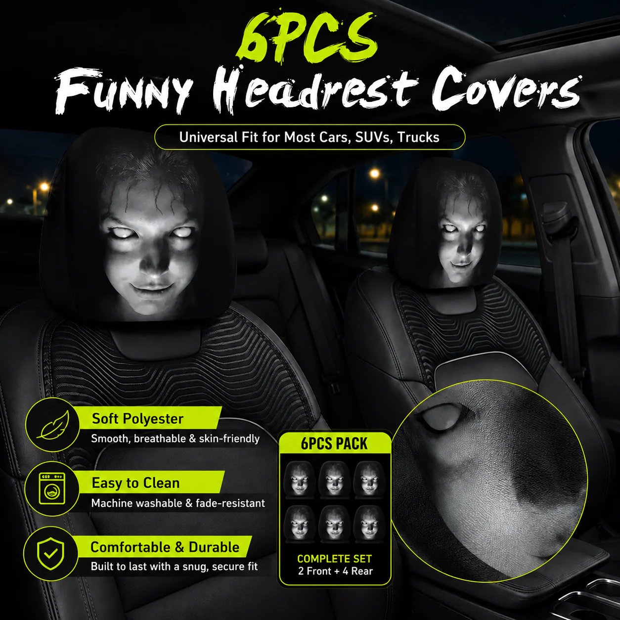 🔥LAST DAY SALE 49% OFF-😆Funny Cartoon Car Headrest Covers – 2PCS Universal Fit 🚗