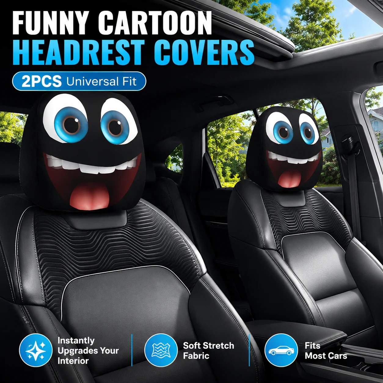 🔥LAST DAY SALE 49% OFF-😆Funny Cartoon Car Headrest Covers – 2PCS Universal Fit 🚗