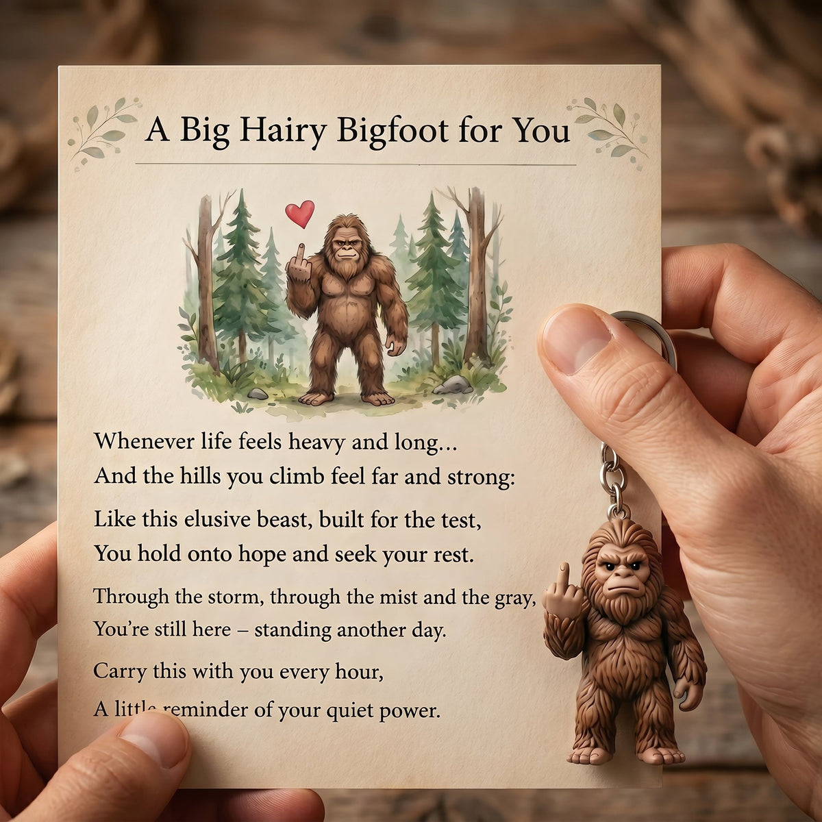 The "Still Standing Tall" Middle Finger Bigfoot Keychain & Poem Card 🌲🖕🤎